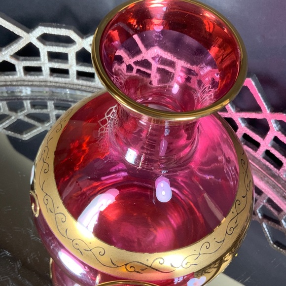 Czech Cranberry Tumble Up Bohemia Gold Guilt Applied Flowers Water Set #N1 - Picture 6 of 9